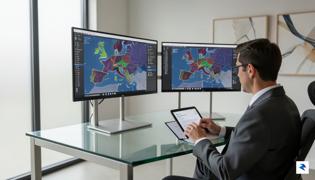 A modern, minimalist office workspace featuring digital charts of the&hellip;