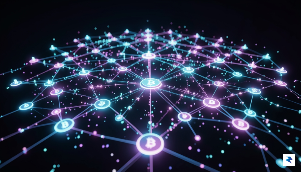 A digital visualization of a glowing, interconnected Bitcoin blockchain network&hellip;