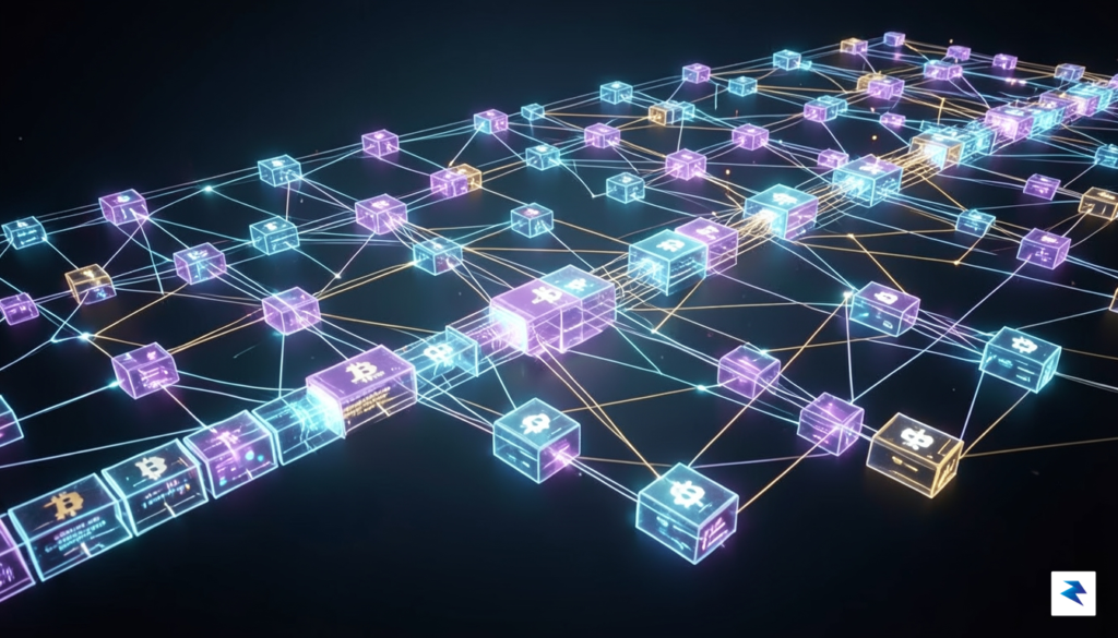 A digital visualization of a Bitcoin blockchain node structure, showing&hellip;