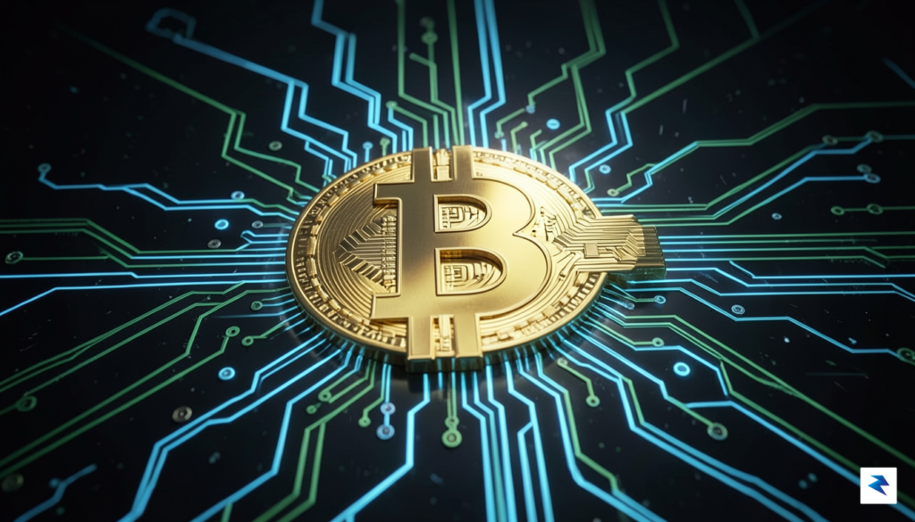 A conceptual digital illustration showing a golden Bitcoin symbol integrated&hellip;