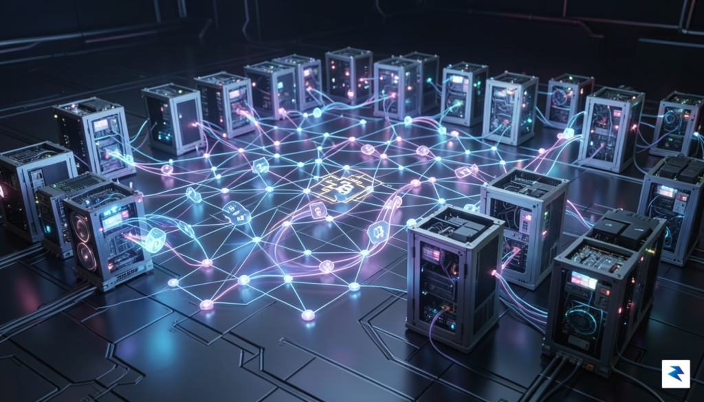 A high-tech digital visualization showing a glowing Bitcoin blockchain network&hellip;