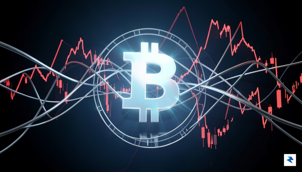 A digital 3D visualization showing a glowing Bitcoin symbol surrounded&hellip;