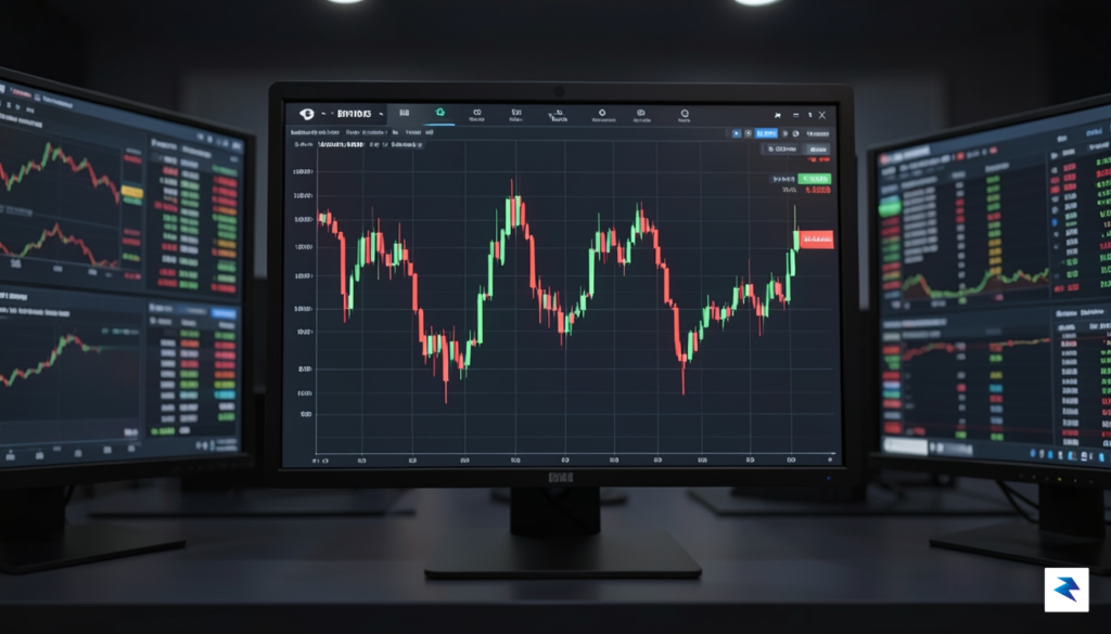 A digital visualization of a jagged Bitcoin candlestick chart showing&hellip;