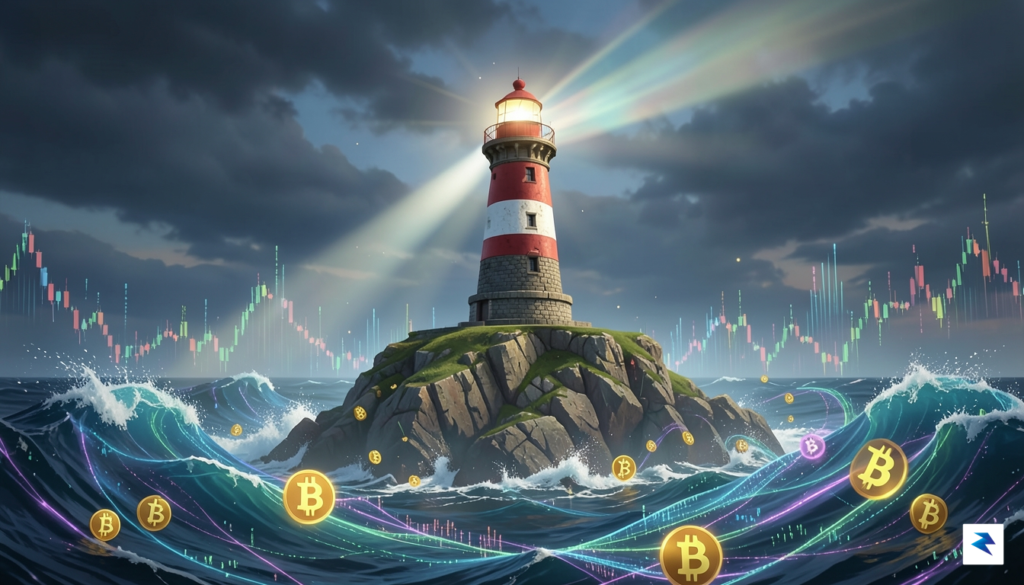 A digital illustration showing a calm lighthouse standing firm amidst&hellip;
