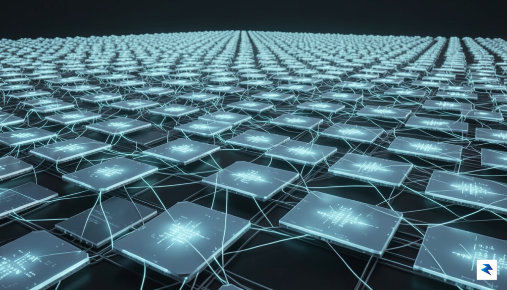 A conceptual 3D render showing glowing, interconnected silicon memory wafers&hellip;