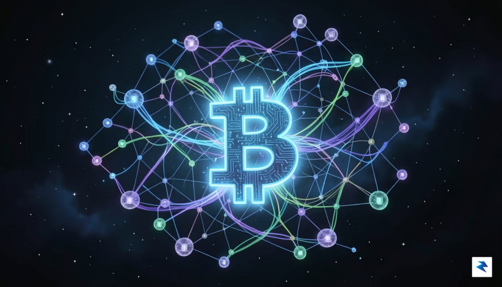 A conceptual digital illustration showing a glowing Bitcoin symbol connected&hellip;