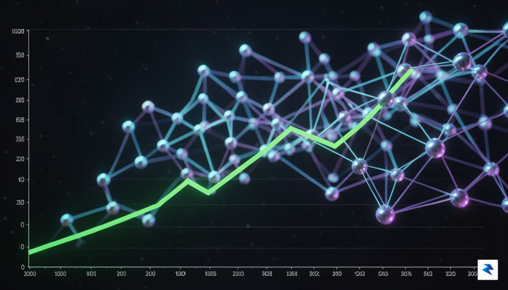 A digital visualization showing a downward sloping Bitcoin price graph&hellip;