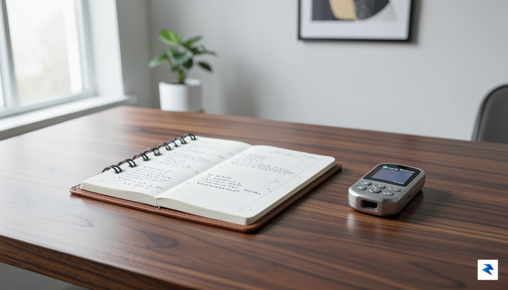 A clean, high-resolution flat-lay photograph of a secure digital ledger&hellip;