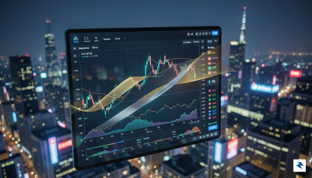 A dynamic, high-angle shot of a digital trading interface displaying&hellip;