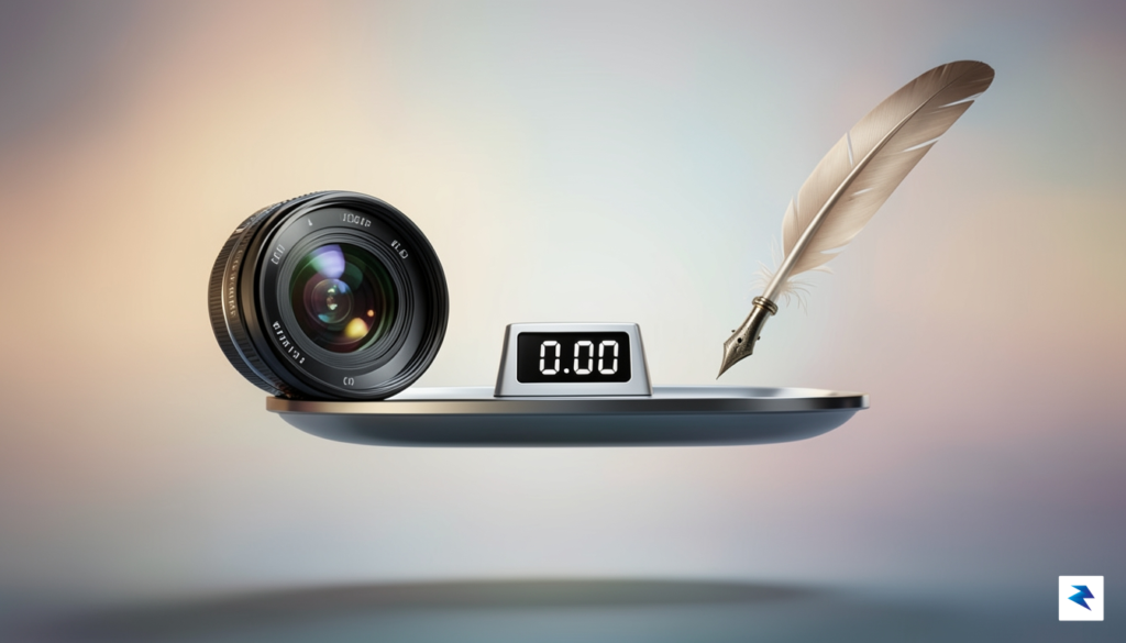A conceptual illustration showing a digital scale balancing a camera…