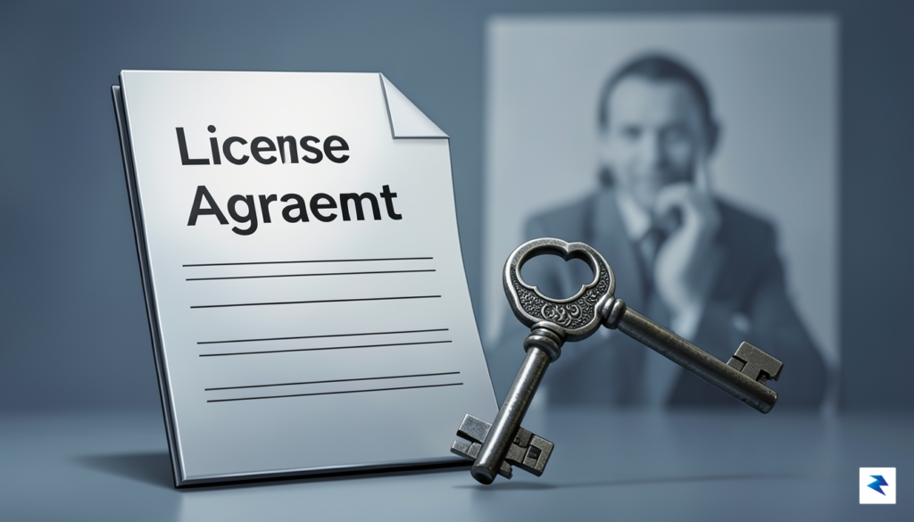A conceptual illustration showing a digital document labeled "License Agreement"…