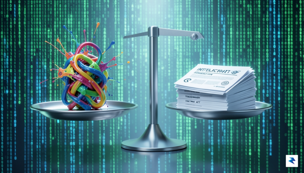 A conceptual illustration showing a digital scale balancing creative expression…