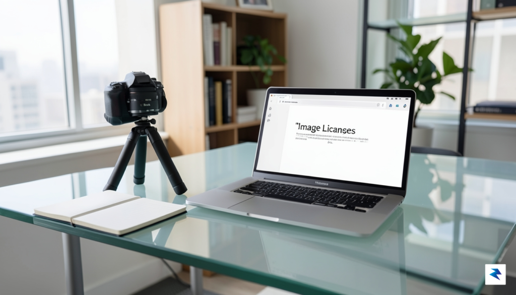 A clean, professional workspace showing a laptop screen displaying a…