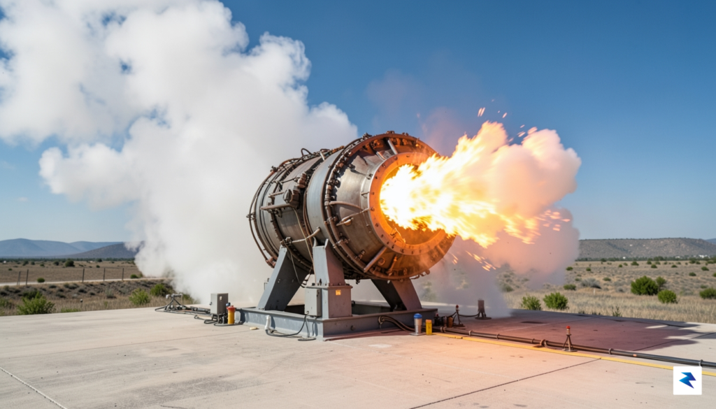A close-up, high-definition photograph of a BE-4 engine undergoing a&hellip;