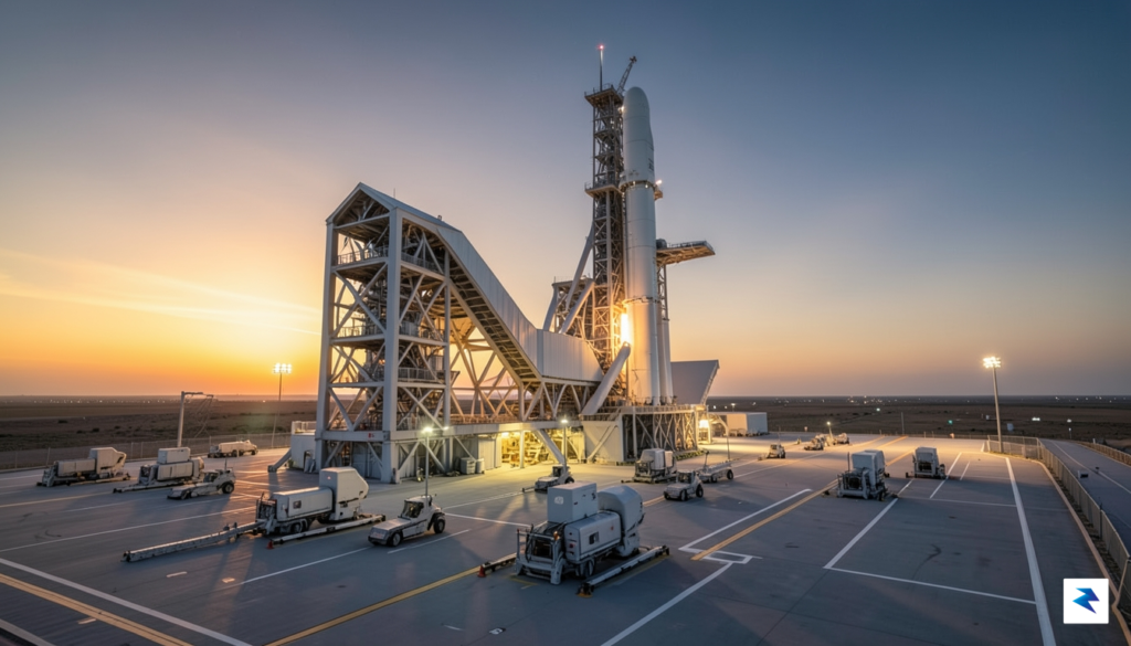 A wide-angle, high-resolution photograph of a futuristic rocket launchpad at&hellip;