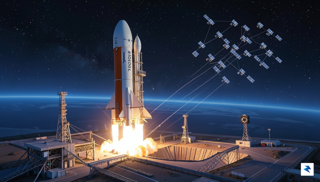 A wide-angle digital illustration showing a Blue Origin New Glenn&hellip;
