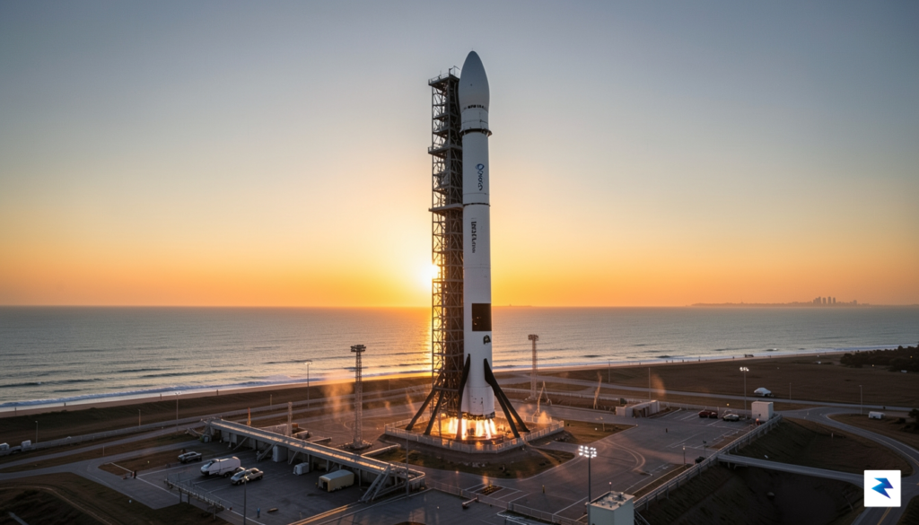 A wide-angle, cinematic shot of the New Glenn rocket standing&hellip;