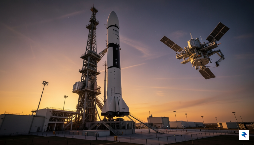 A wide-angle, cinematic render of the New Glenn rocket standing&hellip;