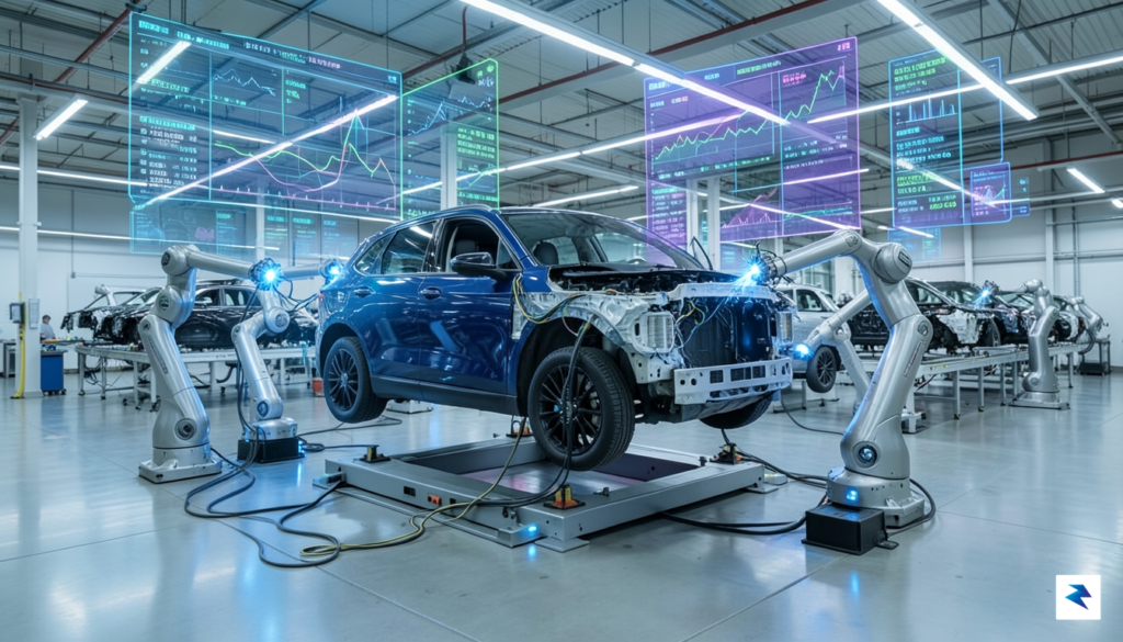 A high-tech automotive factory floor featuring robotic arms working on&hellip;