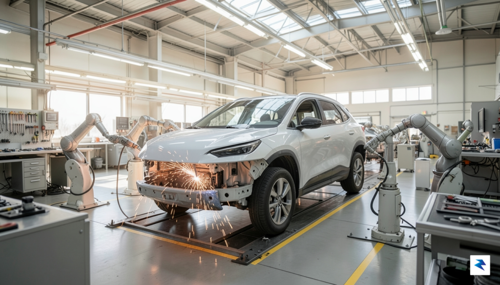 A wide-angle, high-definition photograph showing a modern, sunlit automotive assembly&hellip;
