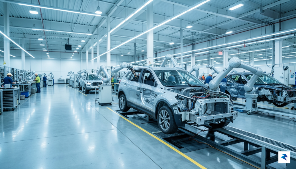 A wide-angle, cinematic shot of a modern, high-tech automotive manufacturing&hellip;