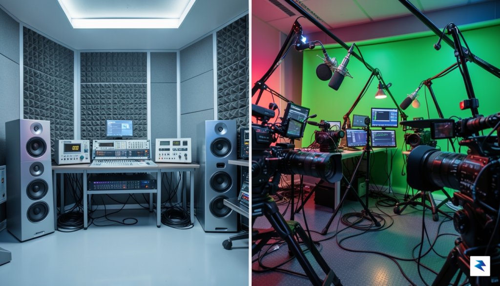 A conceptual split-screen image showing a high-end sound laboratory filled&hellip;