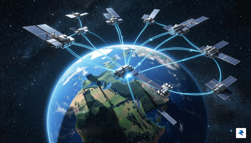 A conceptual digital illustration showing a network of interconnected satellites…