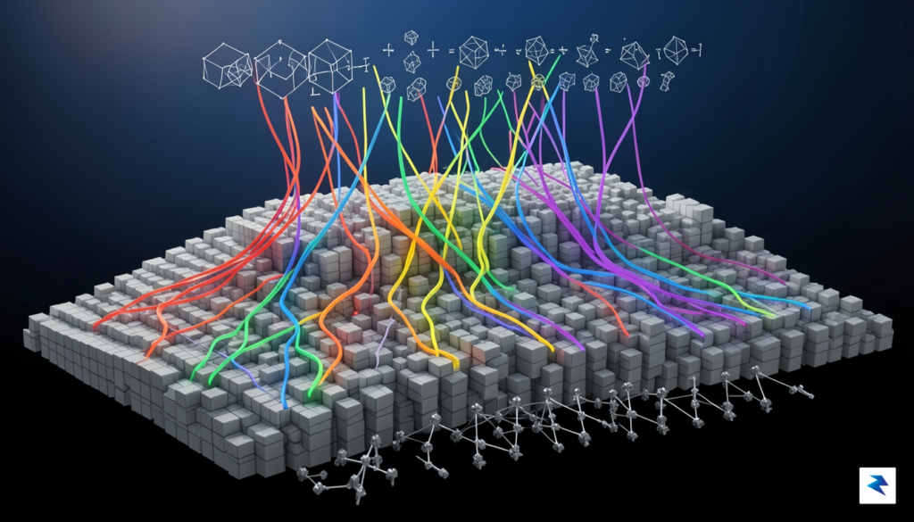 A conceptual 3D visualization showing a voxel grid undergoing a…