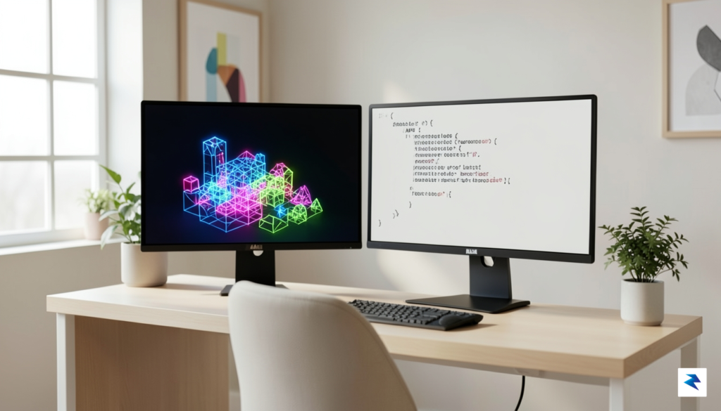 A minimalist, clean workspace showing a dual-monitor setup: one screen…