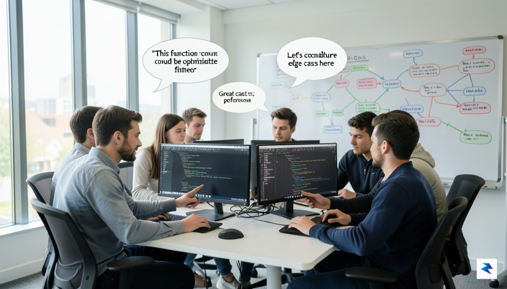 A diverse group of software developers huddle around a screen,&hellip;