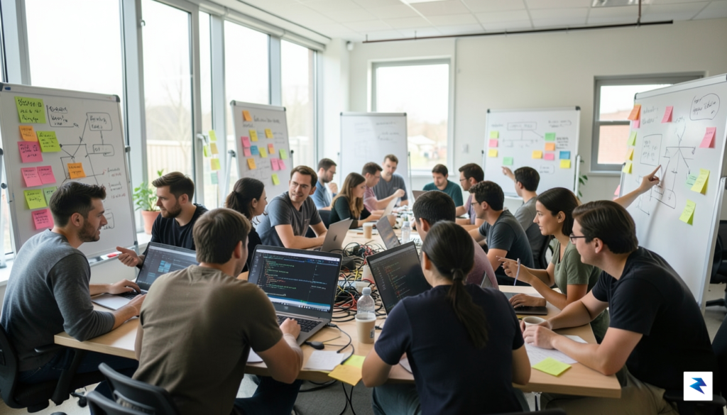 A diverse group of people collaborating intensely at a software&hellip;