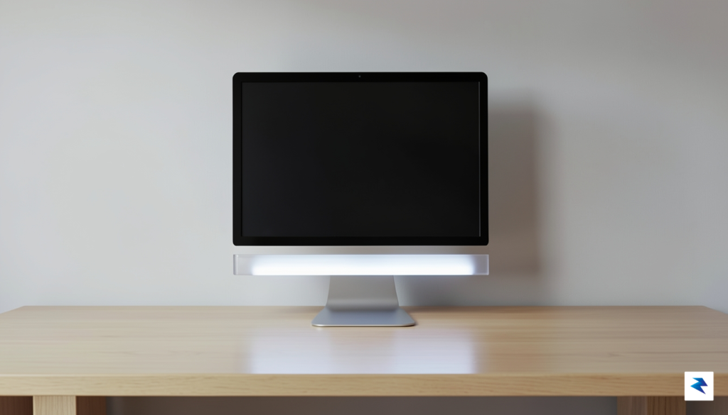 A minimalist, high-quality photograph of a clean wooden desk setup&hellip;