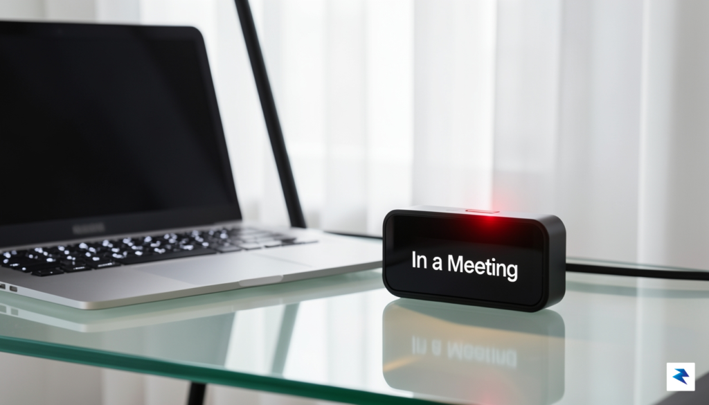 A Busy Bar device on a modern desk, displaying "In&hellip;