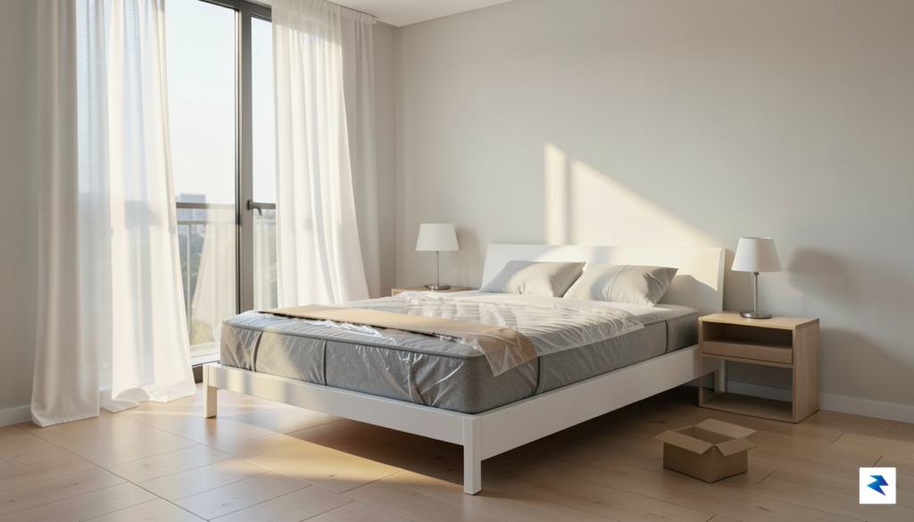 A modern, minimalist bedroom featuring a clean-lined bed frame with&hellip;