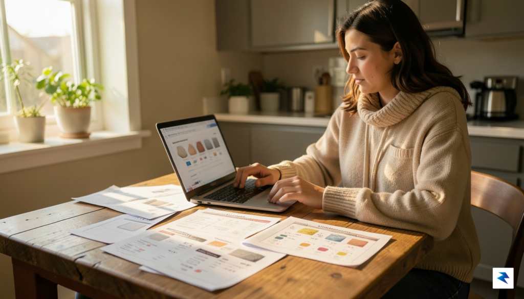 A person sitting on a laptop at a kitchen table&hellip;