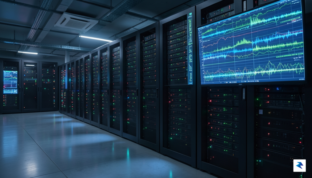 A high-tech server room with glowing blue and green data&hellip;