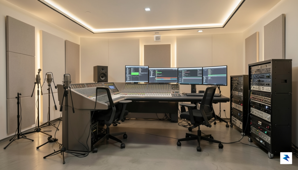A modern, minimalist recording studio with professional sound engineering equipment,&hellip;
