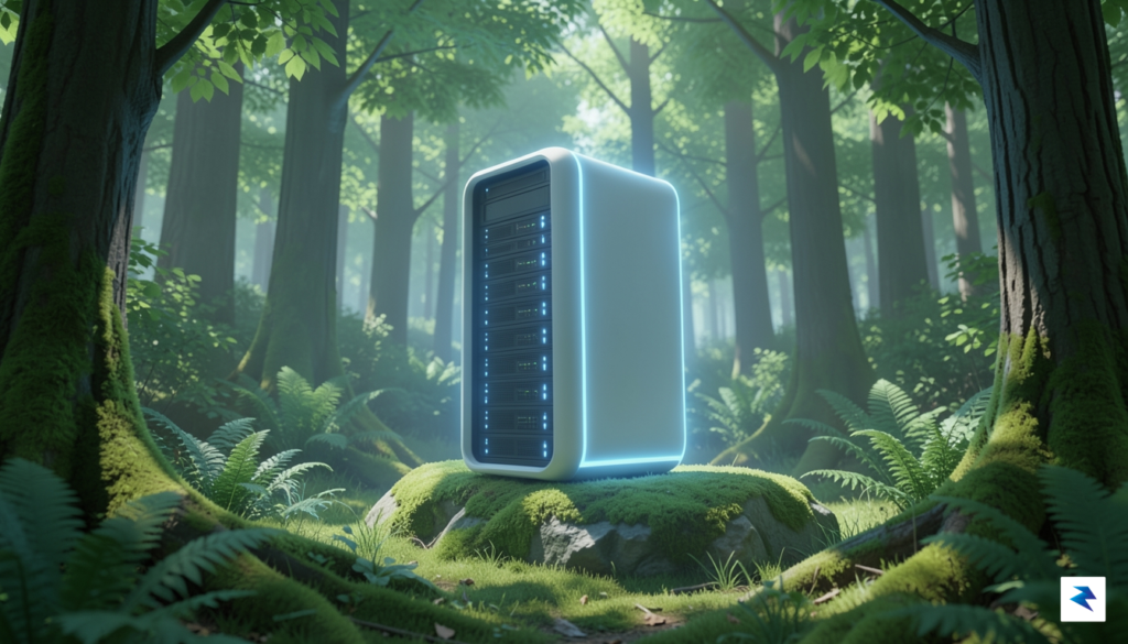 A conceptual digital illustration showing a futuristic, compact AI server&hellip;