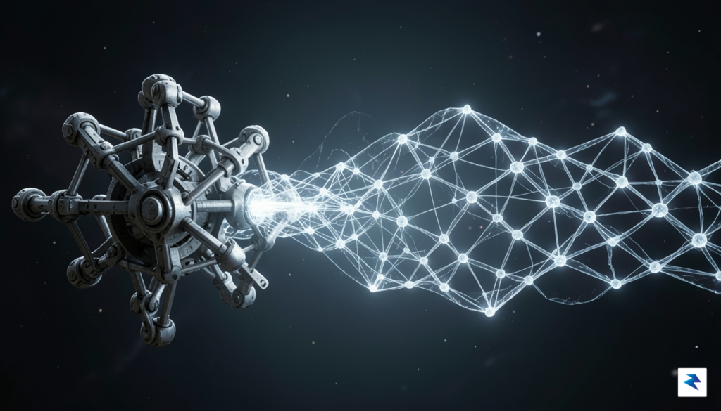 A conceptual digital illustration showing a complex, glowing neural network&hellip;