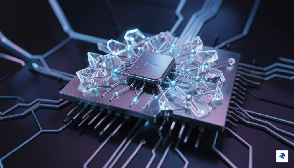 A conceptual 3D render of a futuristic, glowing neural processing&hellip;