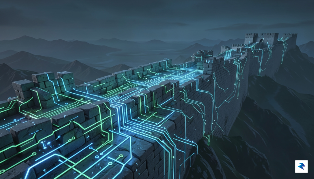A conceptual digital illustration showing a complex maze of glowing&hellip;