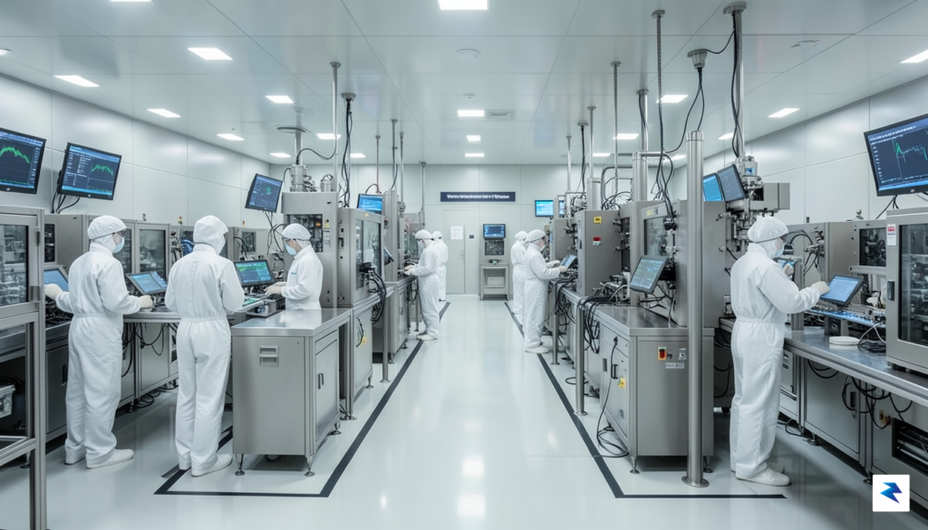 A modern, high-tech semiconductor cleanroom facility in China featuring rows&hellip;