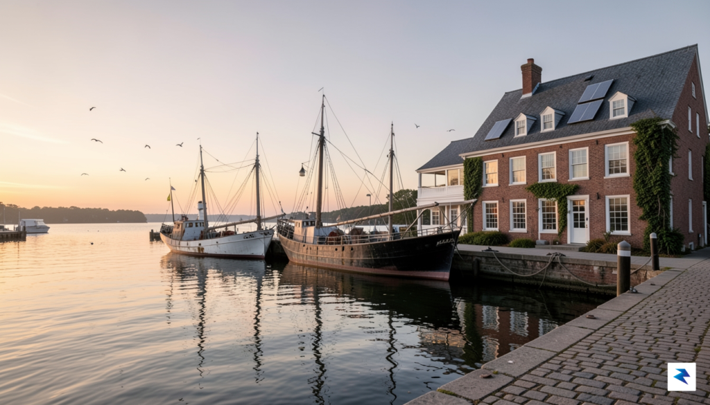 A wide-angle, cinematic shot of a quintessential Maine harbor at&hellip;