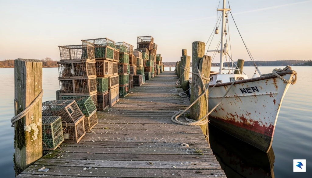 A wide-angle, high-resolution photograph of a rugged Maine fishing pier&hellip;