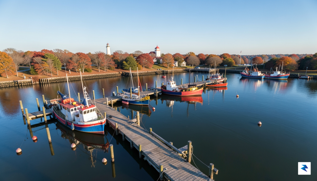 An aerial drone shot of the Port Clyde harbor, featuring&hellip;