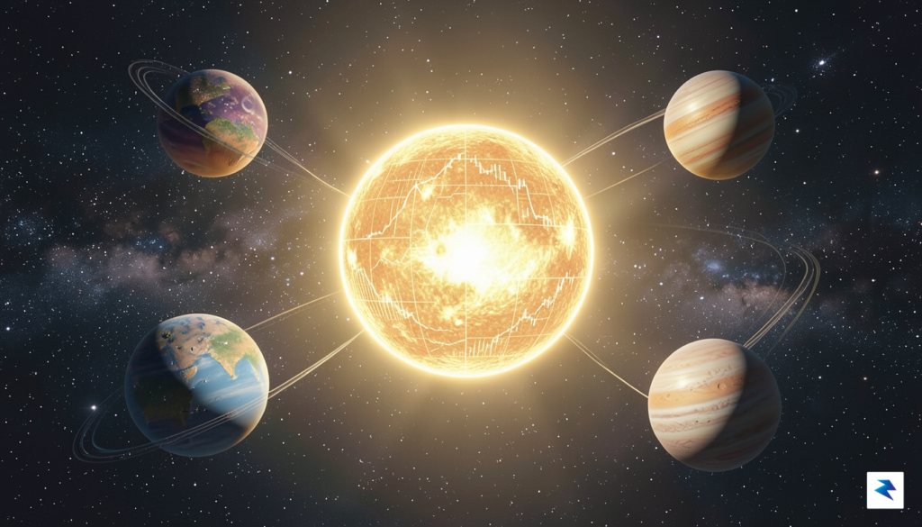 A conceptual illustration of a solar system, where a large,&hellip;