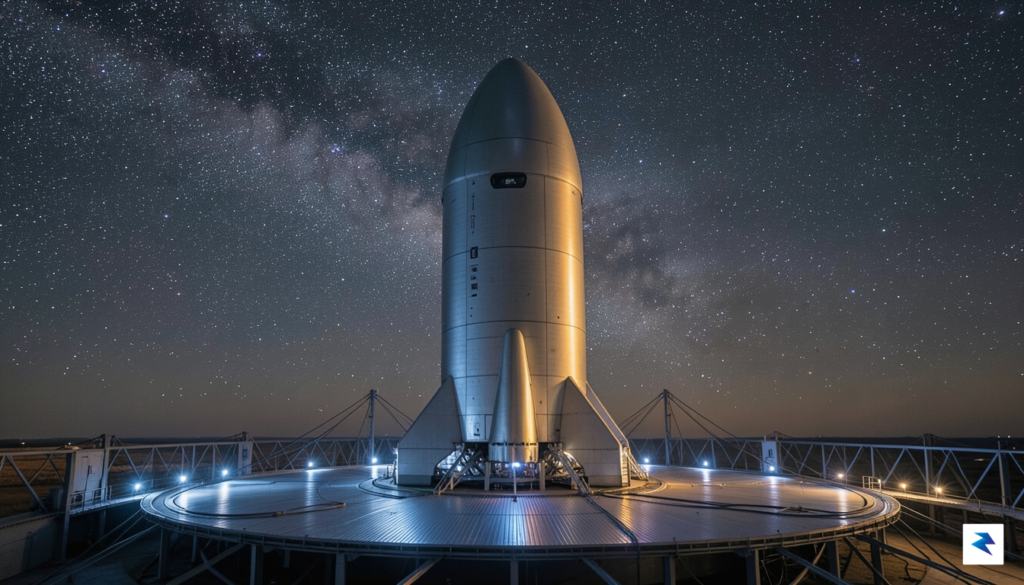 A sleek, futuristic SpaceX Starship rocket stands on a launchpad&hellip;