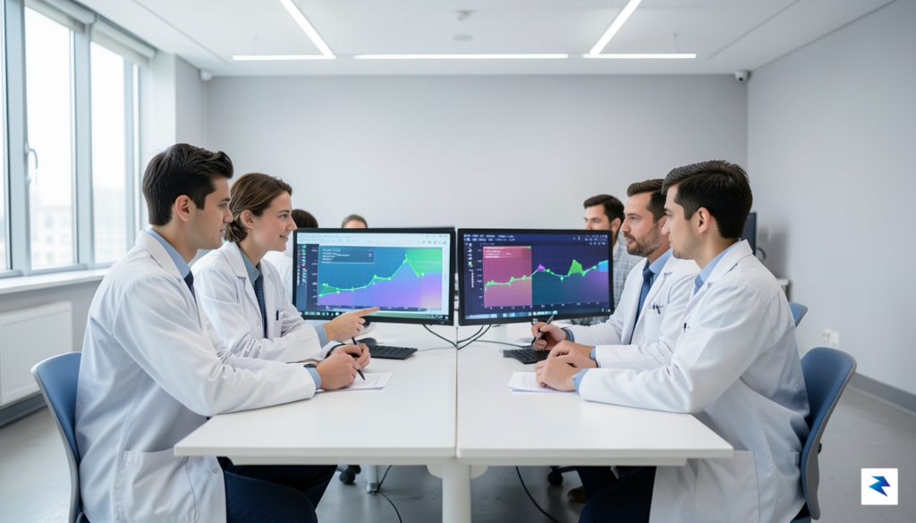 A modern, clean laboratory setting with scientists collaborating on digital&hellip;