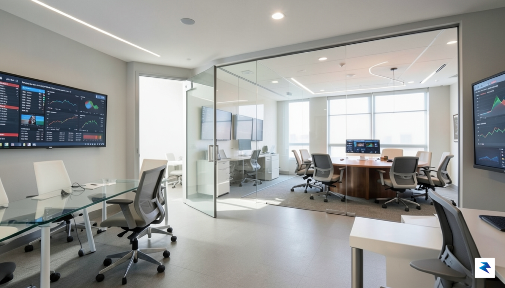 A modern, minimalist newsroom office with an open door leading&hellip;