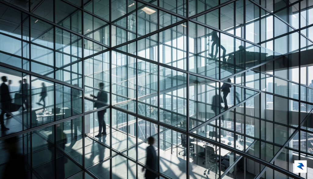 A conceptual image showing a complex network of glass office&hellip;